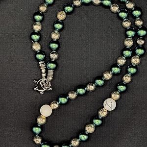 22" Peacock Green Pearlescent and silver bead necklace